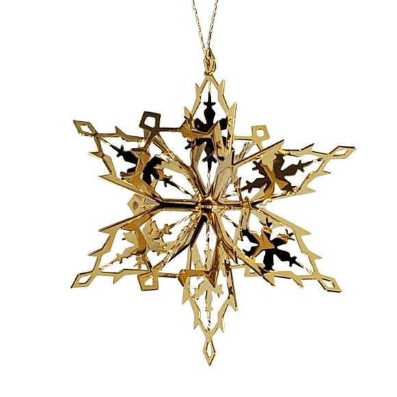 Brass 3D Snowflake Christmas Ornament 3" Goldtone Metal - Picture 1 of 3
